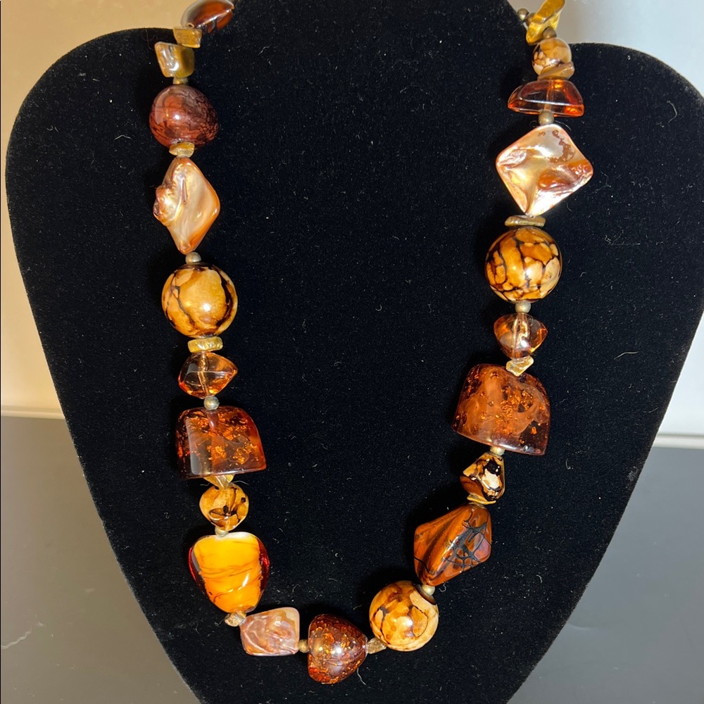 Vintage Chunky Necklace Large Amber‎ Brass Wood-tone Lucite Bead 18”